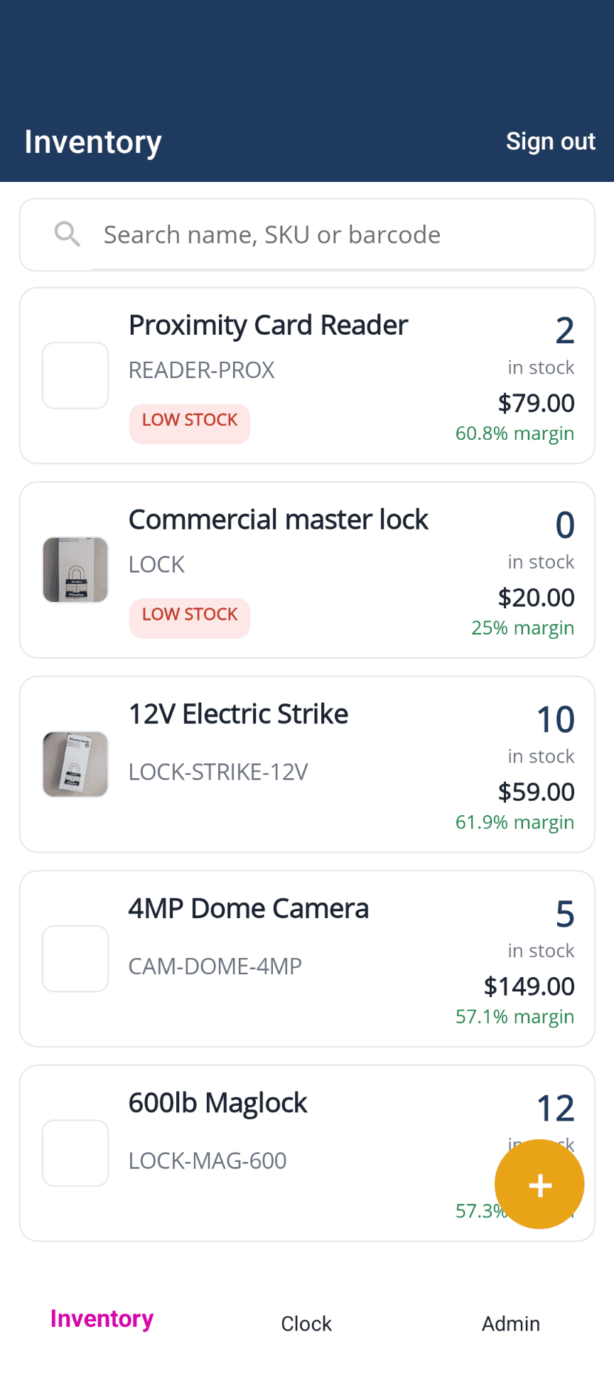 Southside Safe Lock & Door app: Inventory